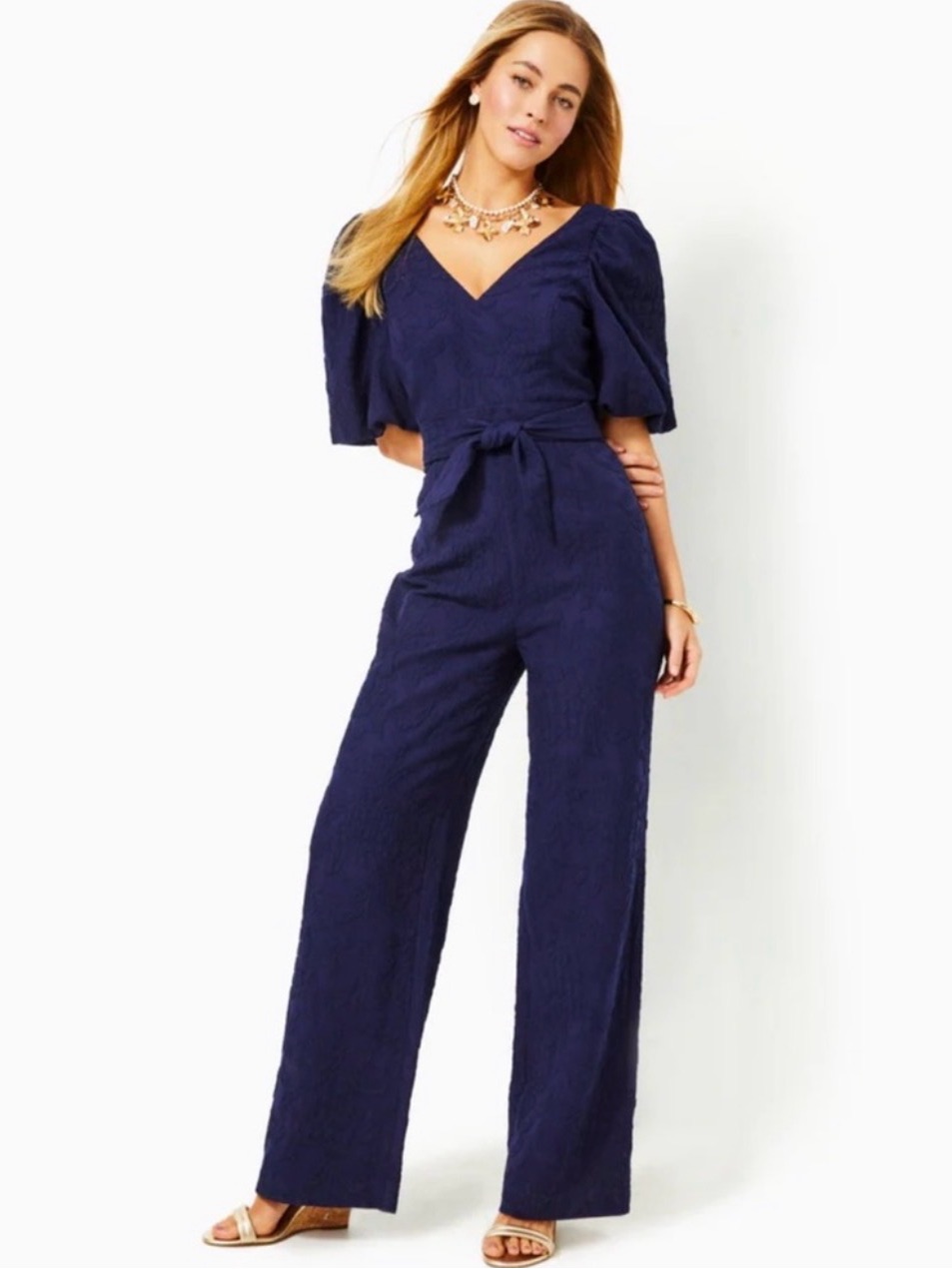 Lilly Pulitzer Navy V-Neck Puff-Sleeve Wide-Leg Jumpsuit